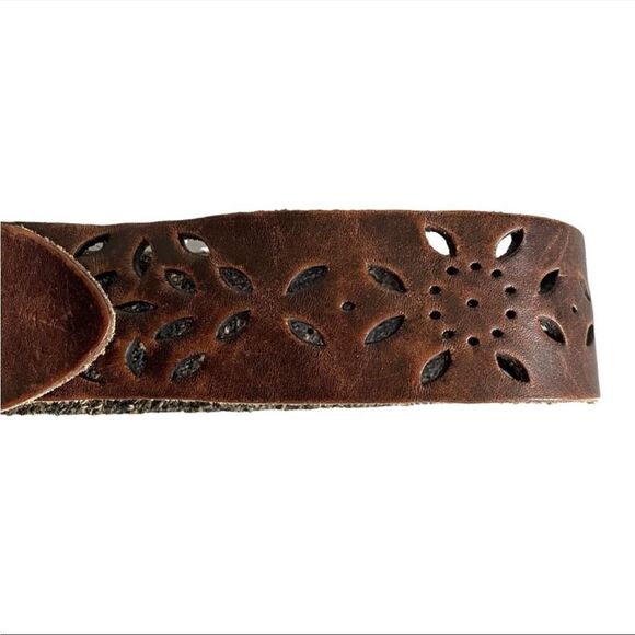 VINTAGE Brown Perforated Boho Leather Belt Silver Buckle XL - Picture 7 of 7